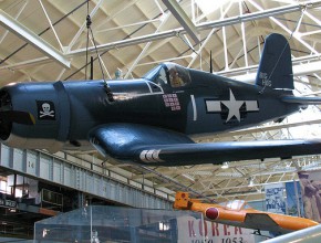 F4U Corsair aircraft hanging from rafters of the US Navy Museum